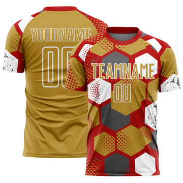 Custom Red Old Gold-White Geometric Shape Sublimation Soccer Uniform Jersey