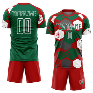 Custom Red Kelly Green-White Geometric Shape Sublimation Soccer Uniform Jersey