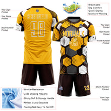 Загрузить изображение в средство просмотра галереи, Custom Brown Gold-White Geometric Shape Sublimation Soccer Uniform Jersey
