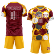 Load image into Gallery viewer, Custom Gold Crimson-White Geometric Shape Sublimation Soccer Uniform Jersey
