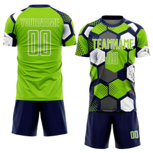 Laden Sie das Bild in den Galerie-Viewer, Custom Navy Neon Green-White Geometric Shape Sublimation Soccer Uniform Jersey
