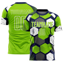 Laden Sie das Bild in den Galerie-Viewer, Custom Navy Neon Green-White Geometric Shape Sublimation Soccer Uniform Jersey
