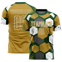 Load image into Gallery viewer, Custom Green Old Gold-White Geometric Shape Sublimation Soccer Uniform Jersey

