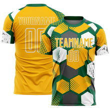 Load image into Gallery viewer, Custom Kelly Green Gold-White Geometric Shape Sublimation Soccer Uniform Jersey
