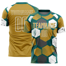 Load image into Gallery viewer, Custom Teal Old Gold-White Geometric Shape Sublimation Soccer Uniform Jersey
