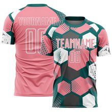 Load image into Gallery viewer, Custom Teal Medium Pink-White Geometric Shape Sublimation Soccer Uniform Jersey
