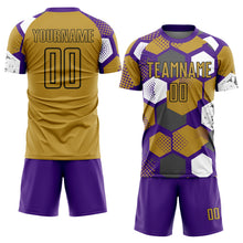 Load image into Gallery viewer, Custom Purple Old Gold White-Black Geometric Shape Sublimation Soccer Uniform Jersey
