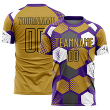 Load image into Gallery viewer, Custom Purple Old Gold White-Black Geometric Shape Sublimation Soccer Uniform Jersey
