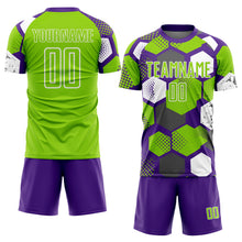 Load image into Gallery viewer, Custom Purple Neon Green-White Geometric Shape Sublimation Soccer Uniform Jersey
