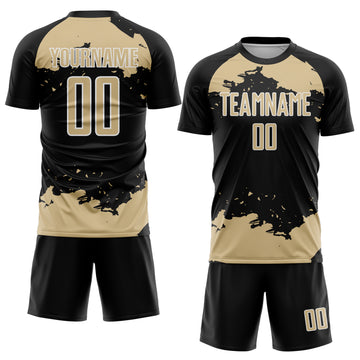Custom Black Vegas Gold-White Abstract Fragment Art Sublimation Soccer Uniform Jersey