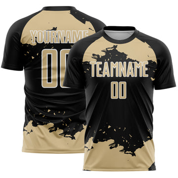 Custom Black Vegas Gold-White Abstract Fragment Art Sublimation Soccer Uniform Jersey
