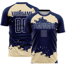Load image into Gallery viewer, Custom Navy Cream-White Abstract Fragment Art Sublimation Soccer Uniform Jersey
