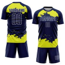 Load image into Gallery viewer, Custom Navy Neon Yellow-White Abstract Fragment Art Sublimation Soccer Uniform Jersey

