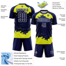 Load image into Gallery viewer, Custom Navy Neon Yellow-White Abstract Fragment Art Sublimation Soccer Uniform Jersey
