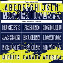Load image into Gallery viewer, Custom Navy Neon Yellow-White Abstract Fragment Art Sublimation Soccer Uniform Jersey
