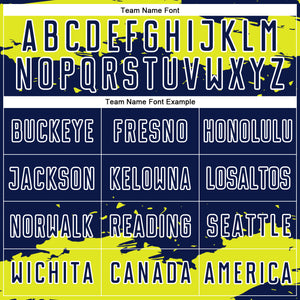 Custom Navy Neon Yellow-White Abstract Fragment Art Sublimation Soccer Uniform Jersey