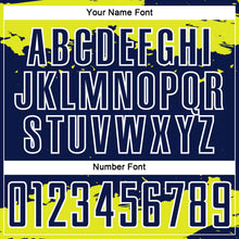 Load image into Gallery viewer, Custom Navy Neon Yellow-White Abstract Fragment Art Sublimation Soccer Uniform Jersey
