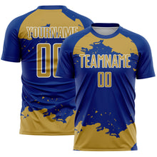 Load image into Gallery viewer, Custom Royal Old Gold-White Abstract Fragment Art Sublimation Soccer Uniform Jersey
