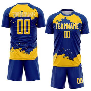 Custom Royal Yellow-White Abstract Fragment Art Sublimation Soccer Uniform Jersey