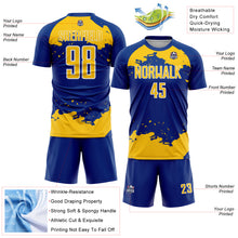 Load image into Gallery viewer, Custom Royal Yellow-White Abstract Fragment Art Sublimation Soccer Uniform Jersey
