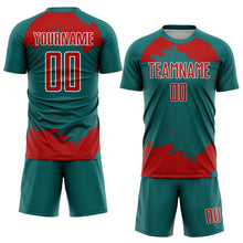 Загрузить изображение в средство просмотра галереи, Custom Teal Red-White Abstract Fragment Art Sublimation Soccer Uniform Jersey
