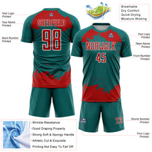 Загрузить изображение в средство просмотра галереи, Custom Teal Red-White Abstract Fragment Art Sublimation Soccer Uniform Jersey
