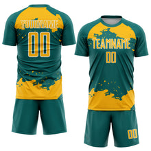 Загрузить изображение в средство просмотра галереи, Custom Teal Gold-White Abstract Fragment Art Sublimation Soccer Uniform Jersey
