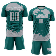 Загрузить изображение в средство просмотра галереи, Custom Teal Gray-White Abstract Fragment Art Sublimation Soccer Uniform Jersey
