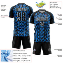 Charger l&#39;image dans la galerie, Custom Black Powder Blue-White Geometric Arrow Sublimation Soccer Uniform Jersey
