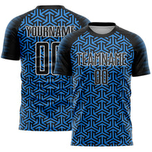 Charger l&#39;image dans la galerie, Custom Black Powder Blue-White Geometric Arrow Sublimation Soccer Uniform Jersey

