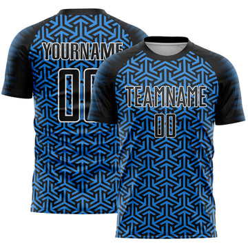 Custom Black Powder Blue-White Geometric Arrow Sublimation Soccer Uniform Jersey