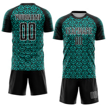 Charger l&#39;image dans la galerie, Custom Black Aqua-White Geometric Arrow Sublimation Soccer Uniform Jersey
