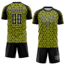 Load image into Gallery viewer, Custom Black Neon Yellow-White Geometric Arrow Sublimation Soccer Uniform Jersey
