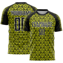 Load image into Gallery viewer, Custom Black Neon Yellow-White Geometric Arrow Sublimation Soccer Uniform Jersey

