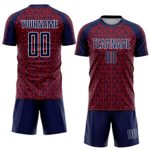 Laden Sie das Bild in den Galerie-Viewer, Custom Navy Red-White Geometric Arrow Sublimation Soccer Uniform Jersey
