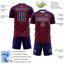 Laden Sie das Bild in den Galerie-Viewer, Custom Navy Red-White Geometric Arrow Sublimation Soccer Uniform Jersey
