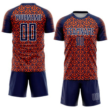 Laden Sie das Bild in den Galerie-Viewer, Custom Navy Orange-White Geometric Arrow Sublimation Soccer Uniform Jersey
