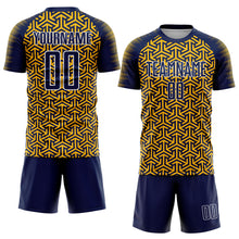 Laden Sie das Bild in den Galerie-Viewer, Custom Navy Gold-White Geometric Arrow Sublimation Soccer Uniform Jersey
