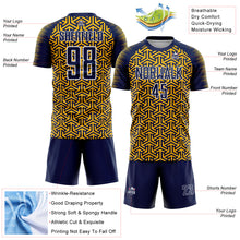 Laden Sie das Bild in den Galerie-Viewer, Custom Navy Gold-White Geometric Arrow Sublimation Soccer Uniform Jersey
