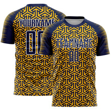 Laden Sie das Bild in den Galerie-Viewer, Custom Navy Gold-White Geometric Arrow Sublimation Soccer Uniform Jersey
