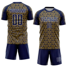 Load image into Gallery viewer, Custom Navy Old Gold-White Geometric Arrow Sublimation Soccer Uniform Jersey
