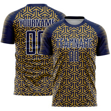 Load image into Gallery viewer, Custom Navy Old Gold-White Geometric Arrow Sublimation Soccer Uniform Jersey
