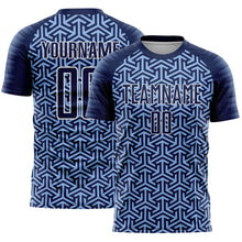 Загрузить изображение в средство просмотра галереи, Custom Navy Light Blue-White Geometric Arrow Sublimation Soccer Uniform Jersey

