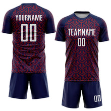 Charger l&#39;image dans la galerie, Custom Navy White-Crimson Geometric Arrow Sublimation Soccer Uniform Jersey
