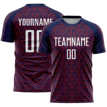 Charger l&#39;image dans la galerie, Custom Navy White-Crimson Geometric Arrow Sublimation Soccer Uniform Jersey
