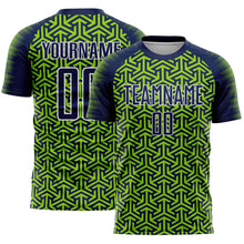 Load image into Gallery viewer, Custom Navy Neon Green-White Geometric Arrow Sublimation Soccer Uniform Jersey
