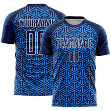 Charger l&#39;image dans la galerie, Custom Navy Powder Blue-White Geometric Arrow Sublimation Soccer Uniform Jersey
