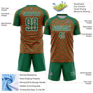 Custom Kelly Green Orange-White Geometric Arrow Sublimation Soccer Uniform Jersey