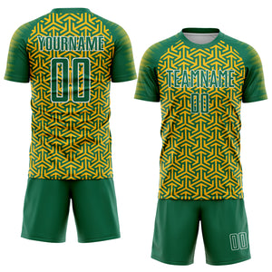 Custom Kelly Green Gold-White Geometric Arrow Sublimation Soccer Uniform Jersey