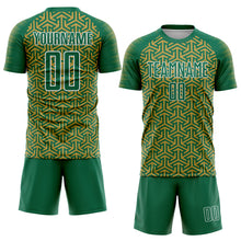 Загрузить изображение в средство просмотра галереи, Custom Kelly Green Old Gold-White Geometric Arrow Sublimation Soccer Uniform Jersey
